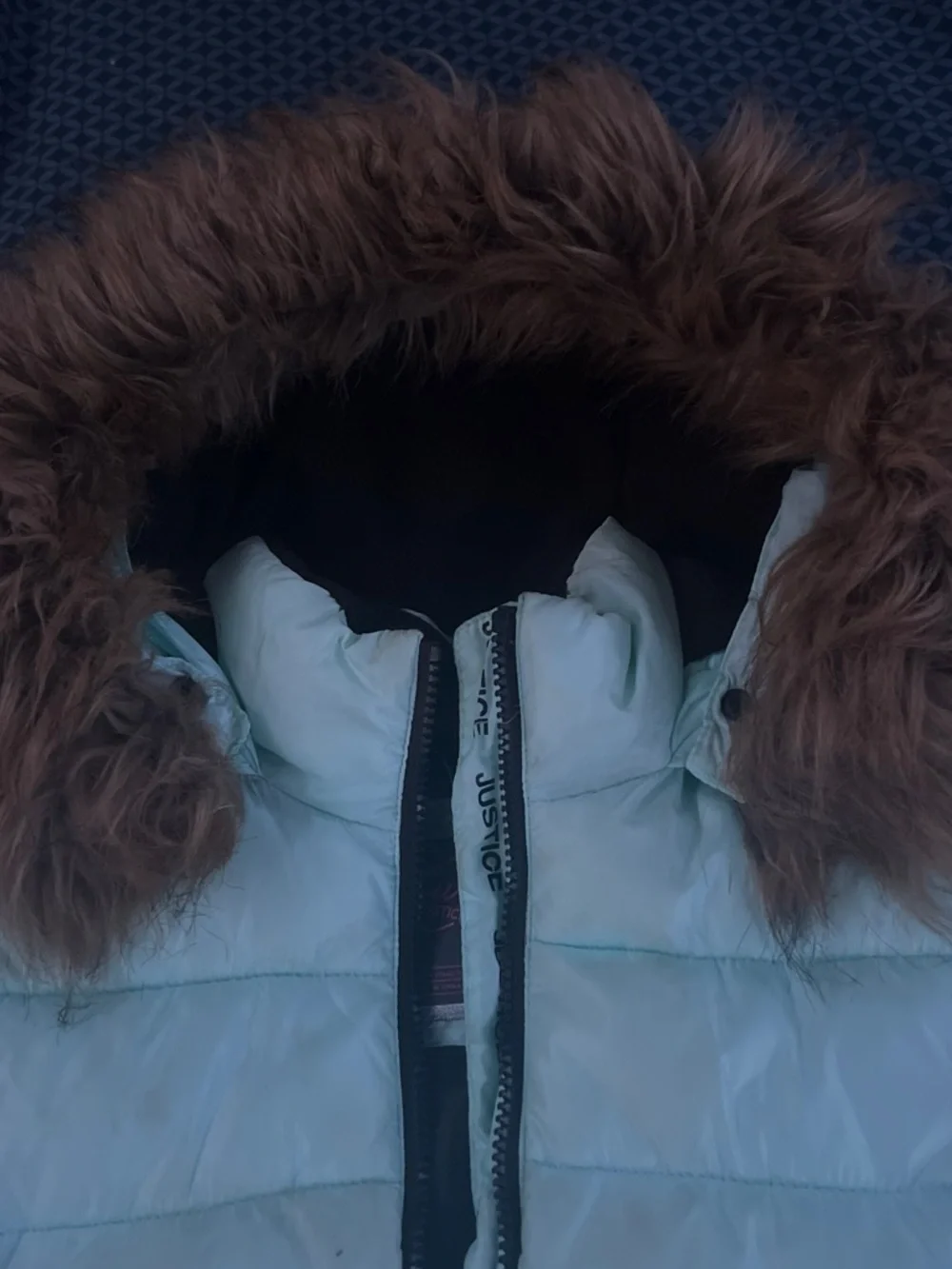 Justice Light Blue Puffer Jacket with Brown Faux Fur Trim Hood